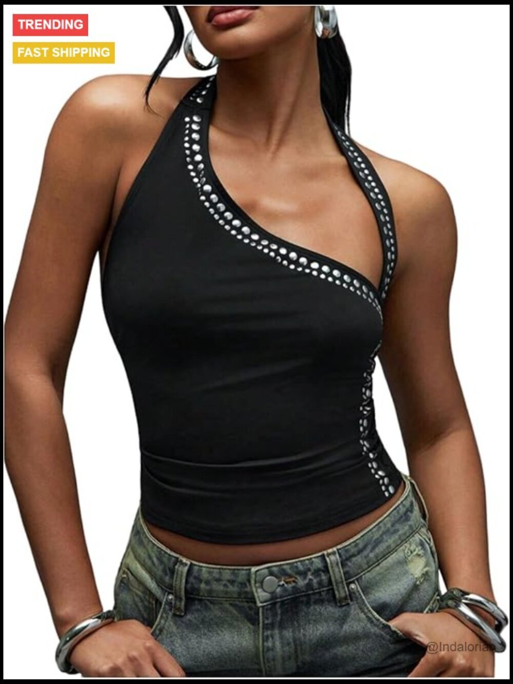 Studded Asymmetrical Halter Crop Top Punk Rave Festival Outfit
